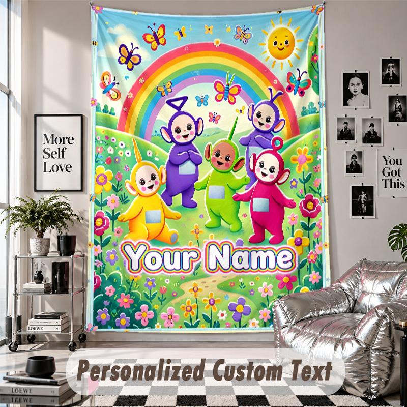 Wall Hanging Tapestry With Custom Name & Text, Teletubbies Decorative Tapestry For Bedroom