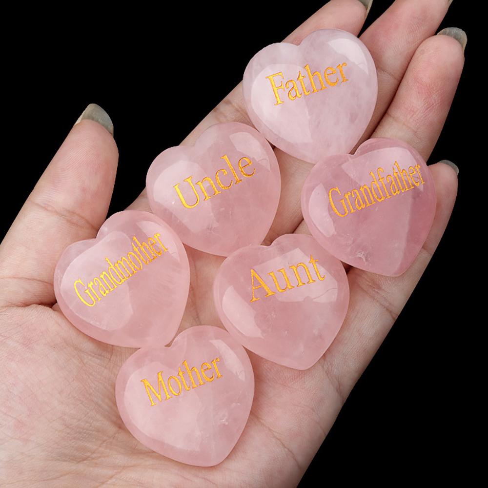 30mm Natural Crystal Rose Quartz Heart Shape Engraved Mother Healing Crystals Palm Stones Ornament Home Decor Family Member Gift