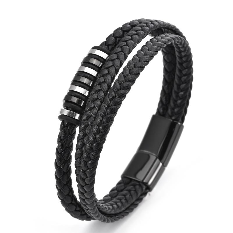 Hot Selling Gold-plated Stainless Steel Black Leather Bracelet, Hand Woven Magnetic Buckle, Men's Multi-layer Leather Bracelet
