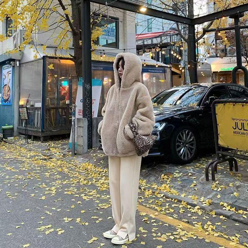 Women's Mid-Length Hooded Coat 2025: Plush Double-Sided Furry Imitation Lambswool for Winter