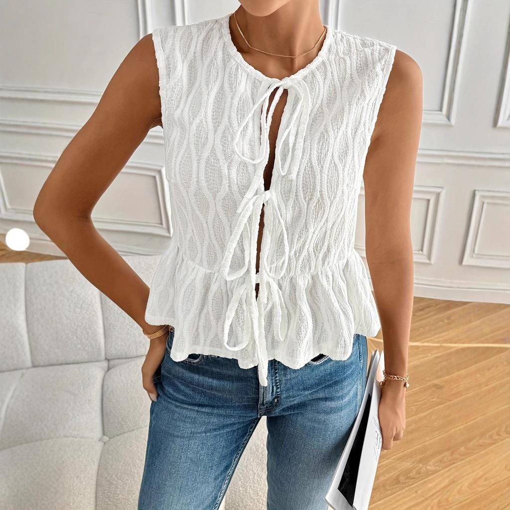 Women Textured Sleeveless Vest Front Tie Up Peplum Hem Round Neck Casual Waistcoat Summer Solid Tank Top