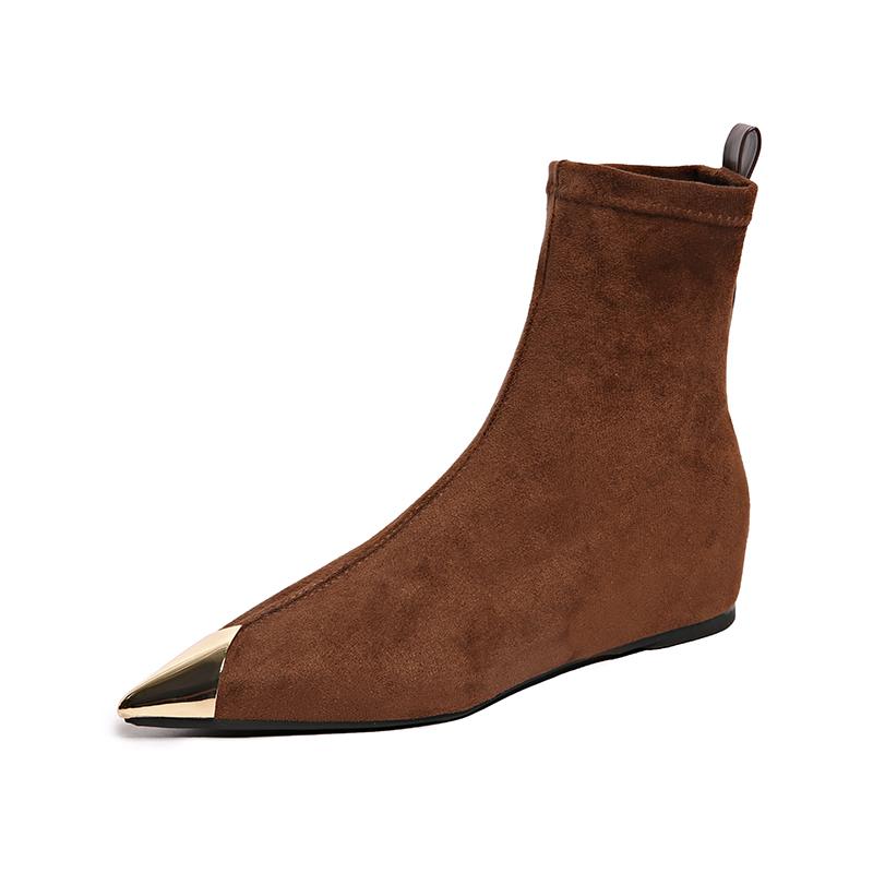 Collision-Resistant Metal Pointed Toe Fashion Booties Women's Autumn Suede Inside Heightening Skinny Boots