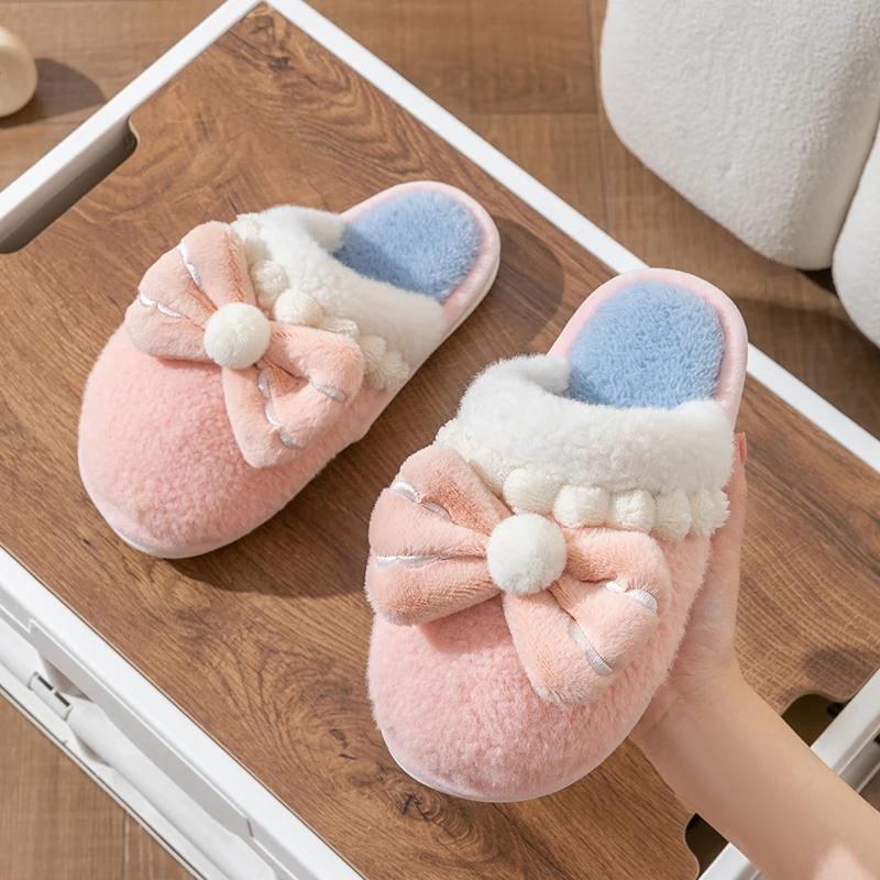 Fashion Casual Fluffy Slippers Women House Flats Fashion Winter Bowknot Designer Shoes Girls Home Plush Platform Elegant Footwear Warm