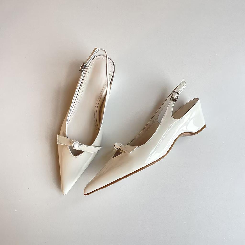 Sheepskin version~ pointed bow sandals women's inner height increase empty French light mouth temperament Mary Jane bag head sandals