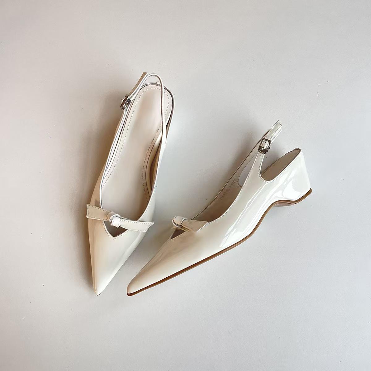 

Sheepskin version~ pointed bow sandals women s inner height increase rear empty French light mouth temperament Mary Jane bag head sandals 40