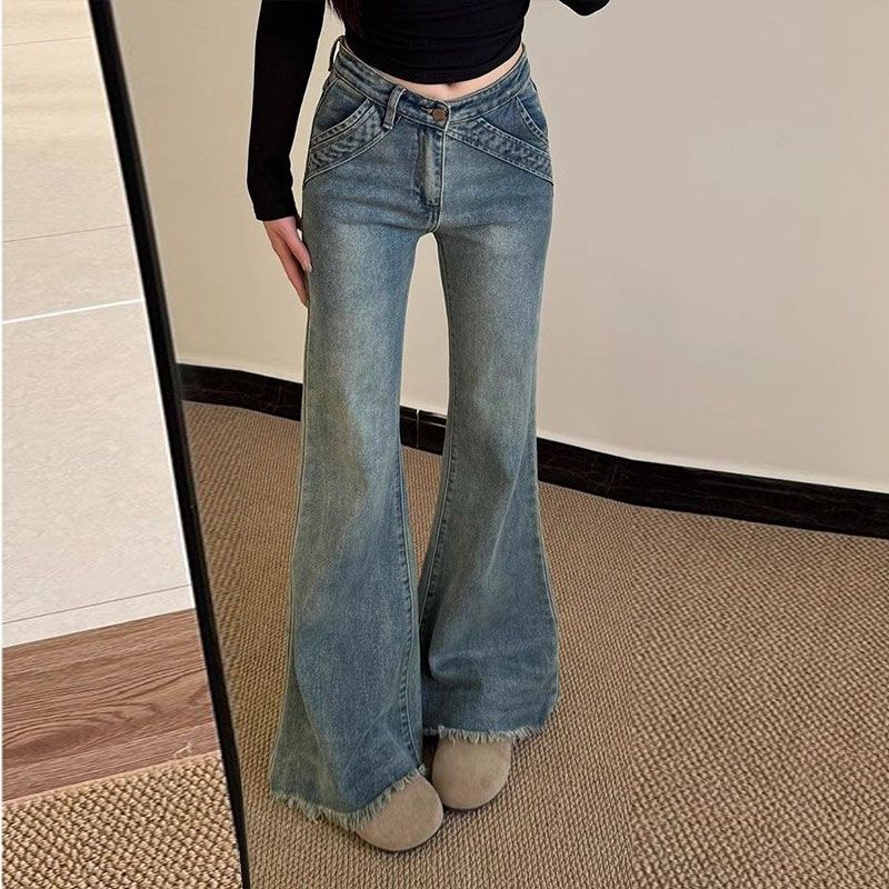 Design Sense Nostalgia High Waist Micro Flare Jeans Female Summer Thin Section of The Raw Edge Skinny Flare Pants Female Retro Jeans for Ladies