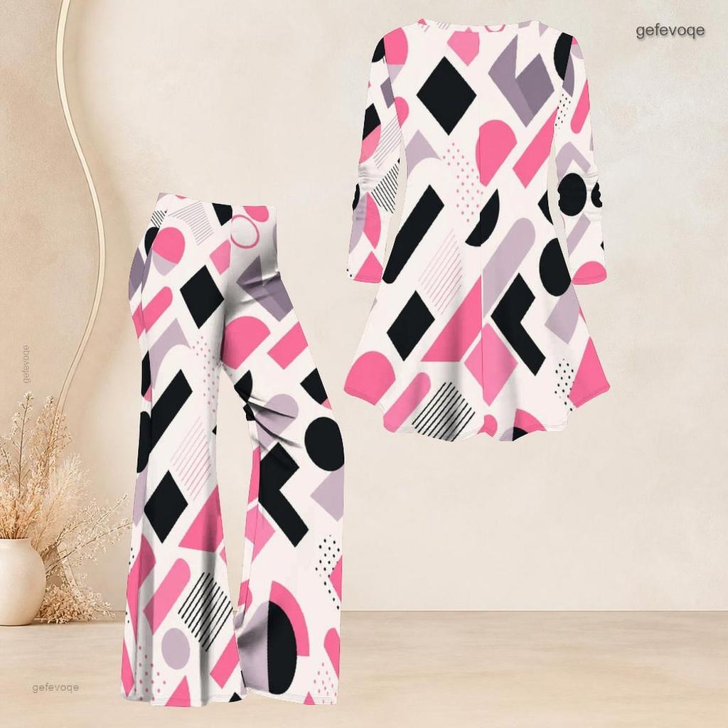 Women Plus Size Printed V Neck Three Quarter Sleeve Flared Top And Flared Pants Two Piece Set