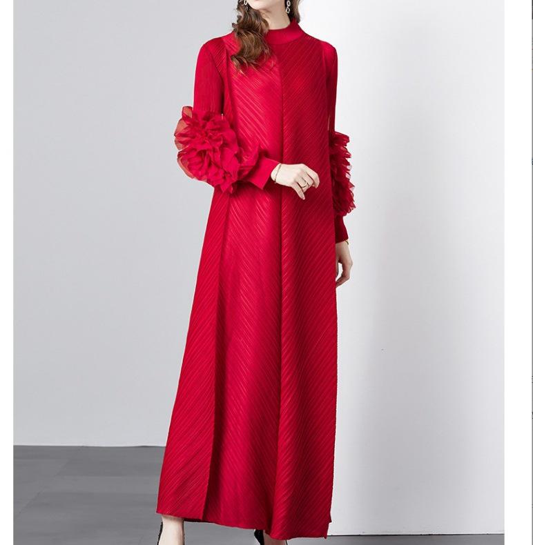

Модное европейское и американское платье 2025 года с оборками и плиссировкой Мияке, длинный рукав One Size красный