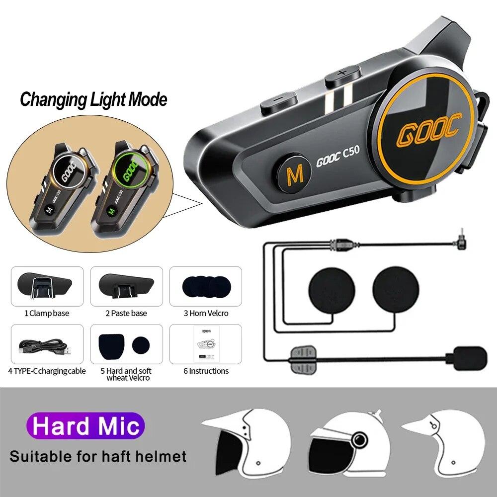 C50 Motorcycle Bluetooth Helmet Headset V5.3 Tri-Colorful Lights Earphone IPX6 Waterproof Support Connecting 2 Phones Same Time