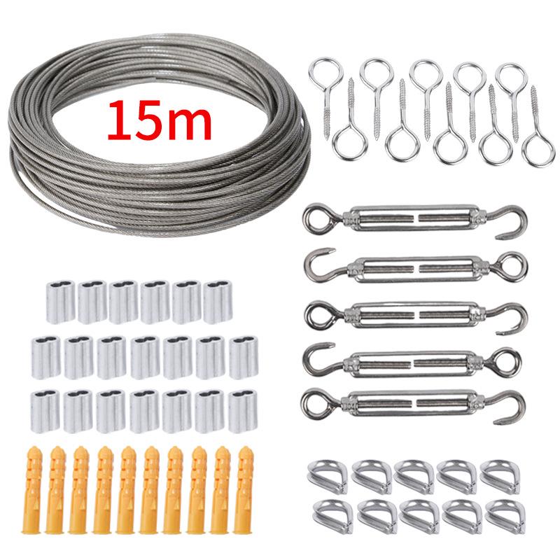 Stainless Steel Outdoor Wire Rope Kit with Carabiner Hook & Tensioner for String Lights and Clothesline.