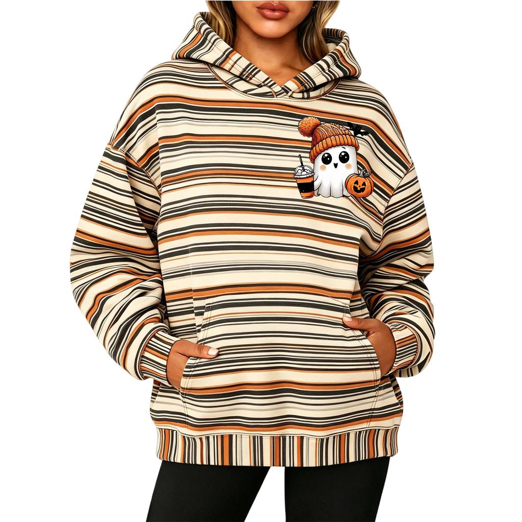 Women's Long Sleeve Striped Print Pullover Hoodie Sweatshirt with Pockets for Halloween