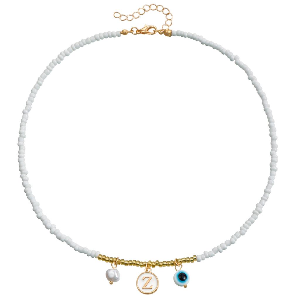 Exclusive, Bohemian White Rice Bead Beaded Necklace, Ethnic Style Alphabet Eye Pendant Necklace