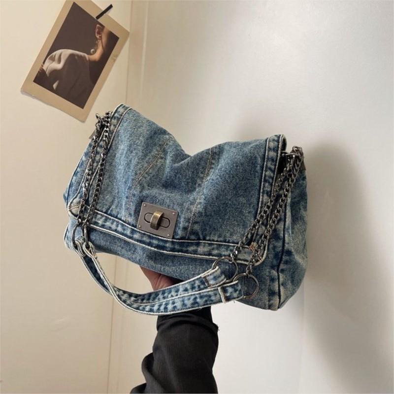 Harajuku Vintage Denim Tote Bag Women Casual Commute Large Capacity Shoulder Bag Ladies Versatile Chain Crossbody Bag