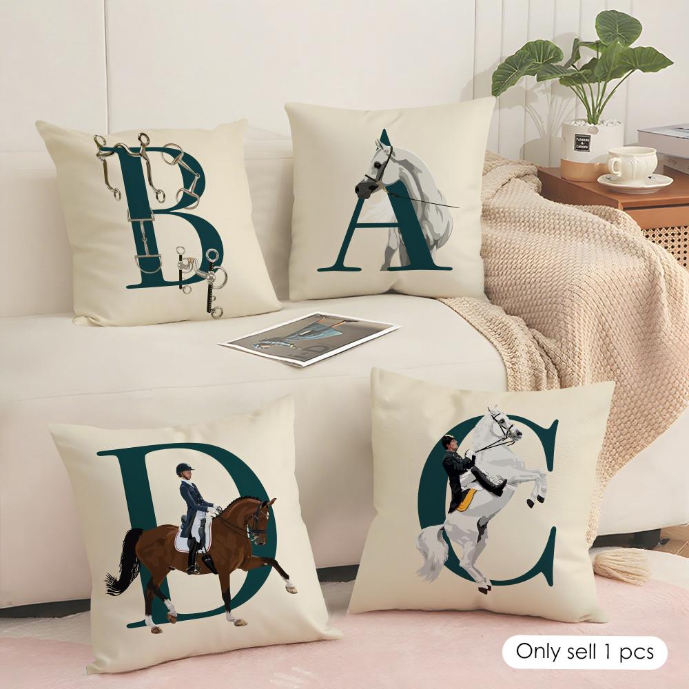 Letter Horse Cushion Cover Soft Short Plush Pillow Cover Smooth Cozy Texture Aesthetic Cushion Case Home Decor