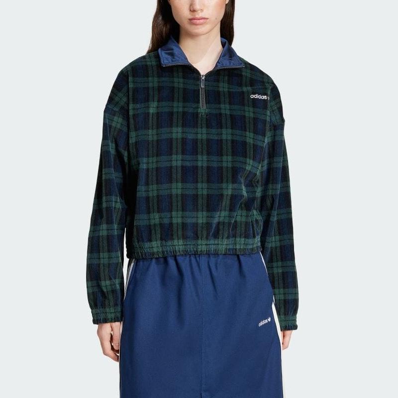 Adidas Originals Logo Plaid Half-Zip Long Sleeve Sweatshirt Women Sweatshirt Night-Blue Black Dark-Green IX1054