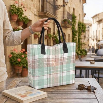 Pastel Plaid Canvas Tote Casual Large Capacity Handbag for Daily Use