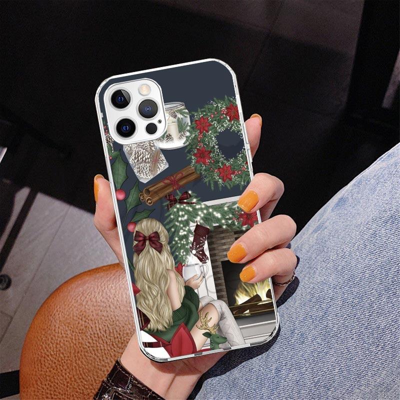 Christmas Art Girls Coffee Phone Case For iPhone 17 Air 16 Pro Max 16E 15 + 14 Plus 11 12 13 Mini 7 8 SE Gift Print Cover Fundas