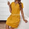 Vestido casual de verano para mujer, línea A, con cremallera frontal, manga corta, color liso, con bolsillos