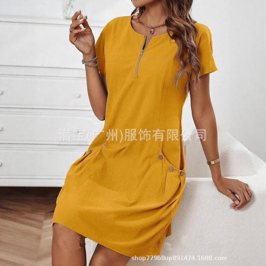 Vestido casual de verano para mujer, línea A, con cremallera frontal, manga corta, color liso, con bolsillos