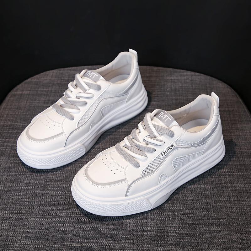 Real Soft Leather Sneakers Women's  Spring New Thick-soled Mesh Breathable Student Casual All-match Small White Shoes