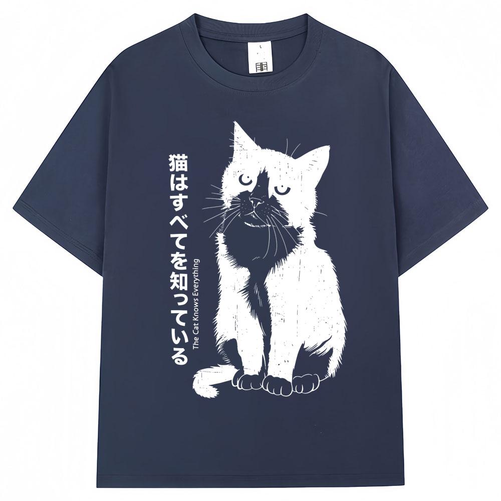 Japanese Style Funny Black Kawaii Cat Anime T Shirts Men Women Trendy Vintage Harajuku Tshirt Oversized Cotton Tees Streetwear