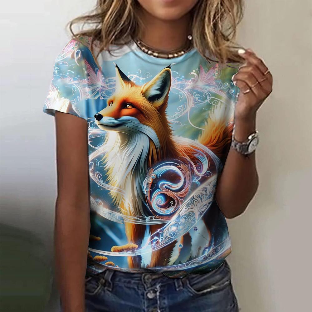 3D Printed Fox Pattern Women's T-shirt Summer Casual Round Neck Top Short Sleeve Loose T-shirt Daily Outing Short Sleeve