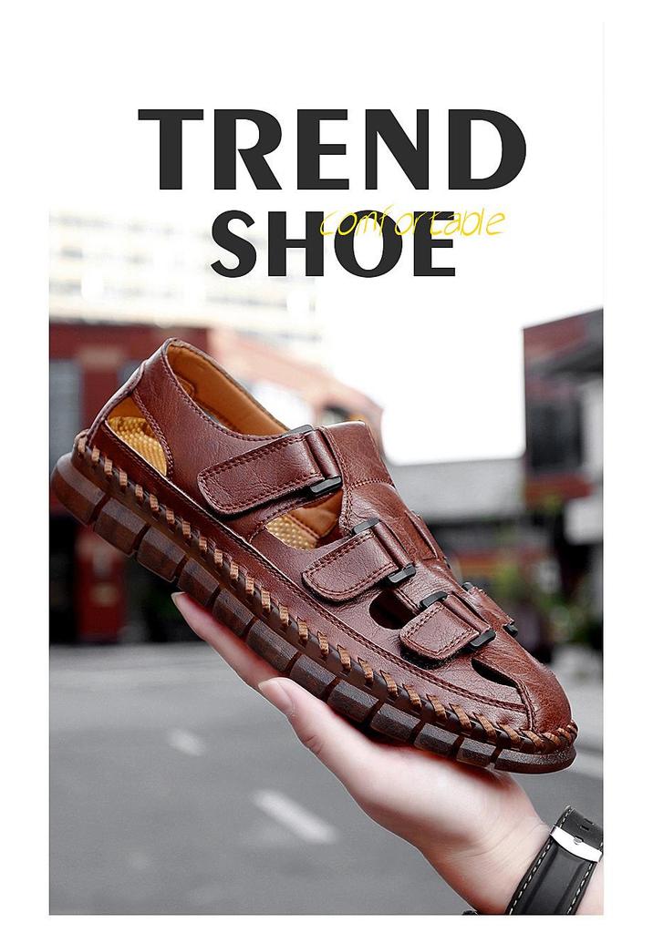 Men's Large Closed-Toe Handmade Leather Sandals, Breathable & Perforated for Beach