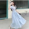 Blue polo collar short-sleeved dress children's summer new sweet and big-looking college style waist pinch dress