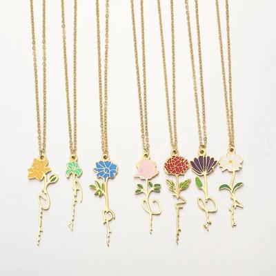 New Stainless Steel Birth Month Flower Pendant Necklace for Women Elegant Trendy Rose Daisy Flowers Choker Jewelry Birthday Gift