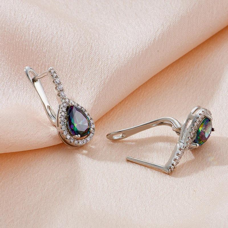 Drop Shape Colorful Zircon Silver Color Earrings Full Inlay Sparkling White Zircon Party Wedding Luxury Jewelry