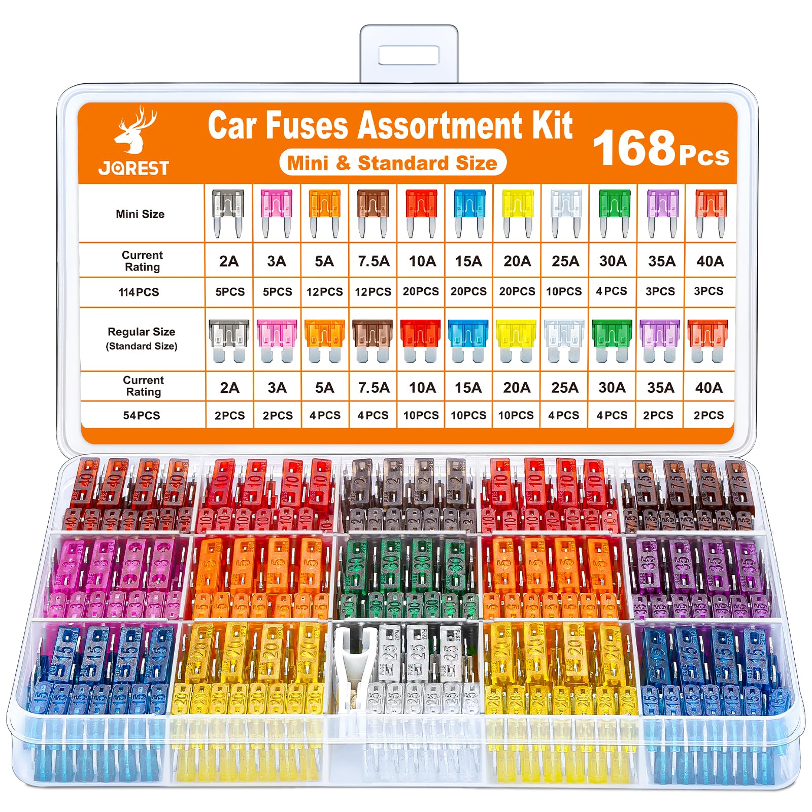 

JOREST 168pcs Car Fuse Kit, 114pcs Mini Flat Fuse + 54pcs Flat Fuse +
