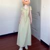 French Style Pleated Solid Color Dress Children's Summer New Short-sleeved Design Feeling Waist Temperament Showing Thin Long Skirt