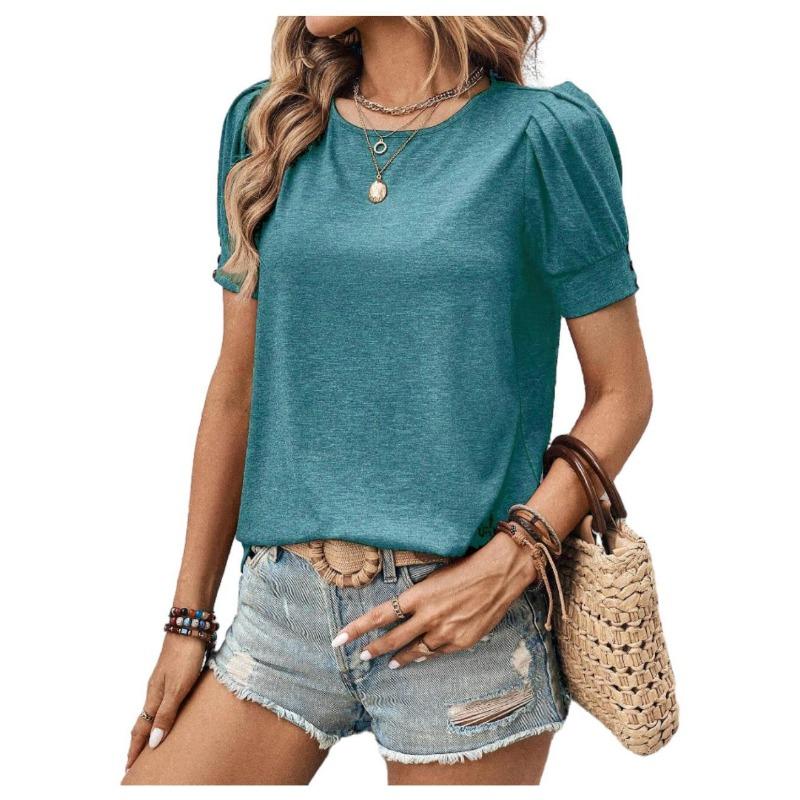 Women's Spring and Summer New Round Neck Loose Buttons Decorated Short-sleeved T-shirt Tops