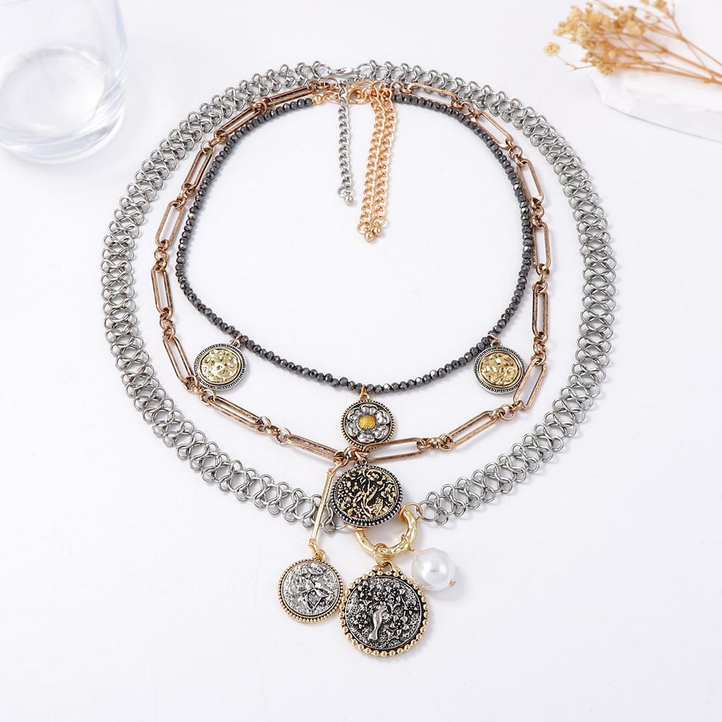 Exaggerated Casual Alloy Geometric Badge Coin Flower Pendant Multilayer Stacked Wear Chain Necklace Women's Necklace