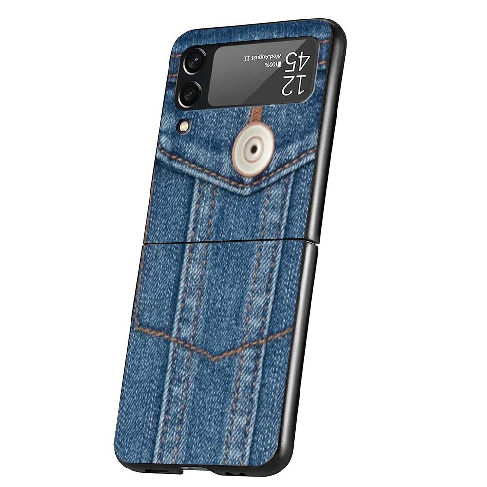 Jeans Cowboy Denim Printed Case Phone Cover for Samsung Galaxy Z Flip 6 5 4 3 5G ZFlip6 ZFlip5 ZFlip4 ZFlip3 Black Hard Trend Fu