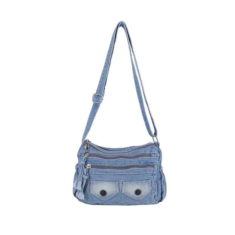 Washed Denim Crossbody Bag with Dual Flap Front Pockets Casual Shoulder Purse for Women Daily Travel