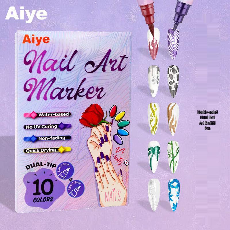 

10-Color Double-Ended Metal Nail Art Pen for Graffiti, Flower Dotting, Line Drawing, and Outlining - 3-in-1