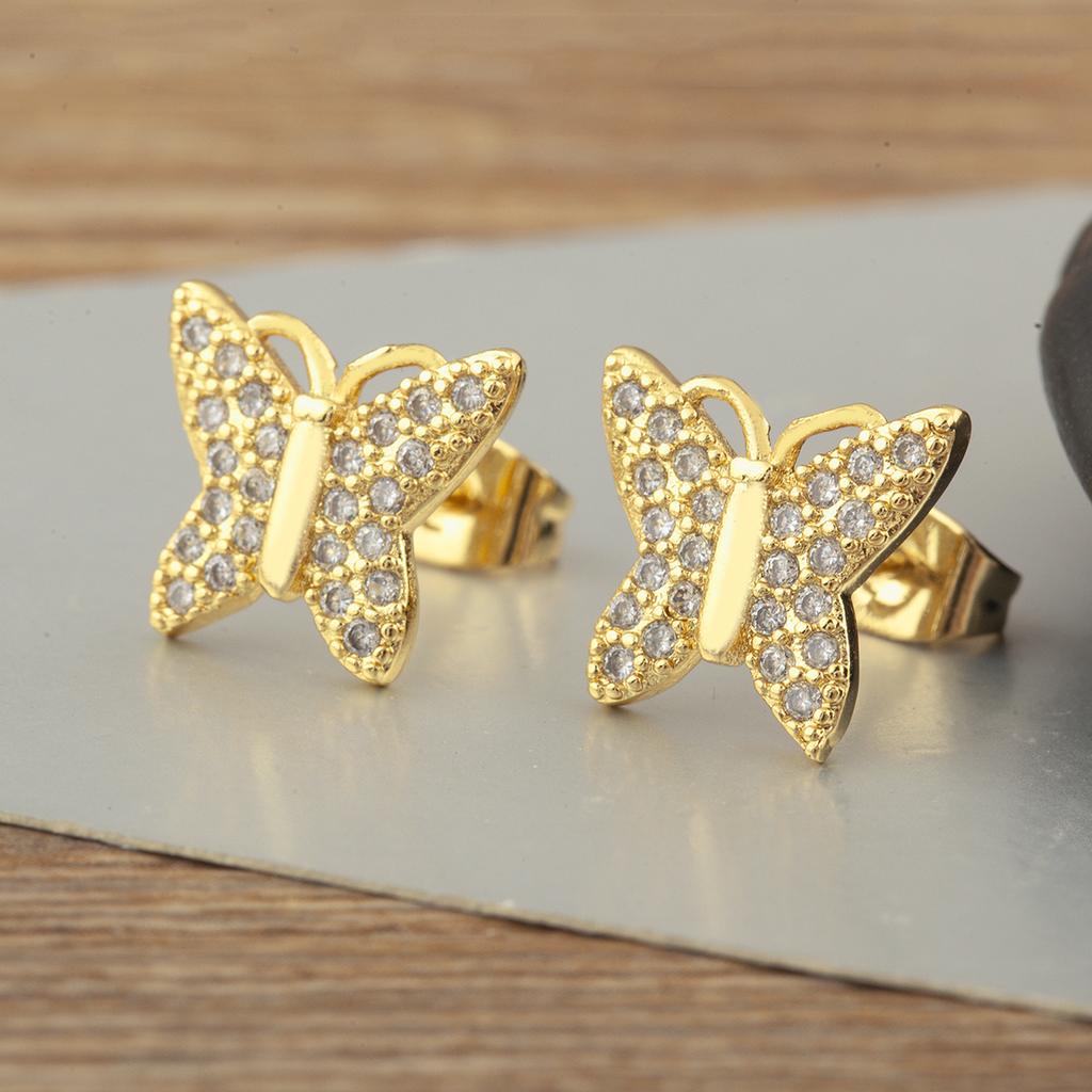 Nidin Hot Sale Rainbow Butterfly Shape Stud Earrings For Women Female Copper Inlaid Colorful Zircon Fashion Cute Ear Jewelry