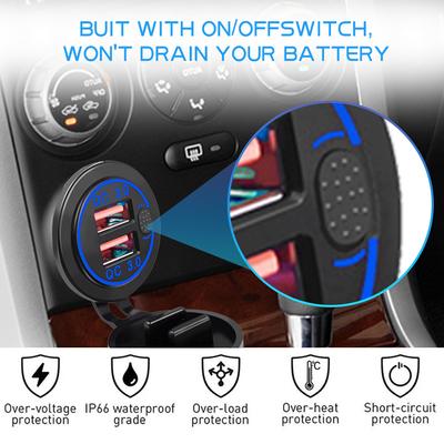 Chargeur de voiture double USB 12V-24V QC3.0 avec panneau Adaptateur d'alimentation étanche avec prise à interrupteur pour véhicule Bateau Moto