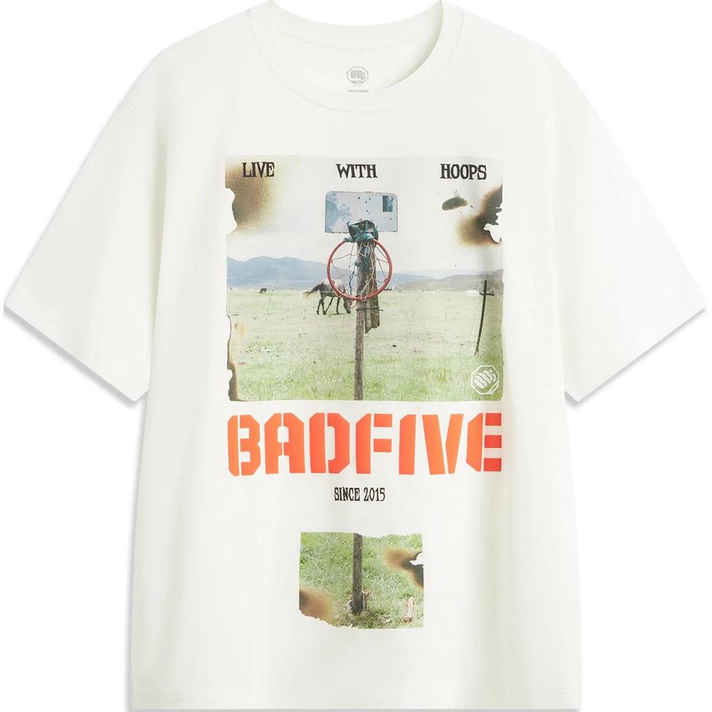 Li Ning Badfive Print Letter Round Neck Comfortable Breathable Versatile Loose Short Sleeve T-Shirt Men Tops Off-White AHSU153-1