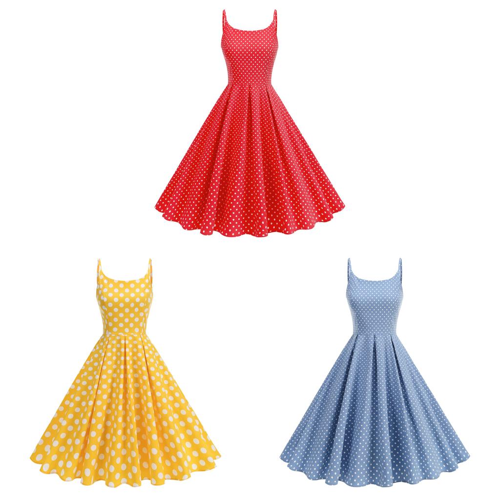 Hebe Style Vintage Dot Print Sleeveless Midi Dress For Casual Travel