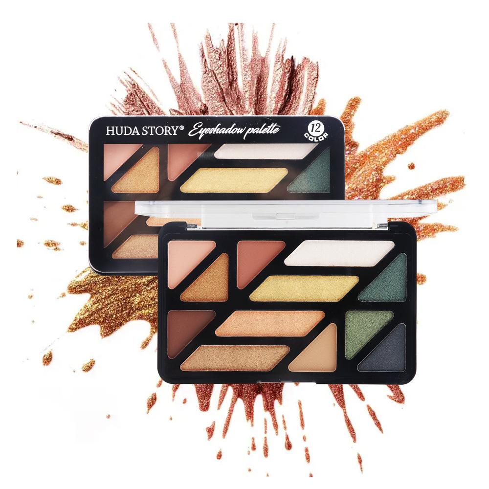 HUDA STORY Palette Ombretti 12 Colori Opaco Shimmer Glitter Design Geometrico Pigmentata Lunga Tenuta Impermeabile Palette Trucco Occhi per Uso Quotidiano e Feste