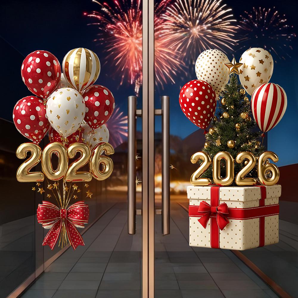 Elevate Your New Year Ambiance with 2026 Themed Window Decorations, Balloons, Gift Box, Foil Numbers, Ideal for Festive Displays