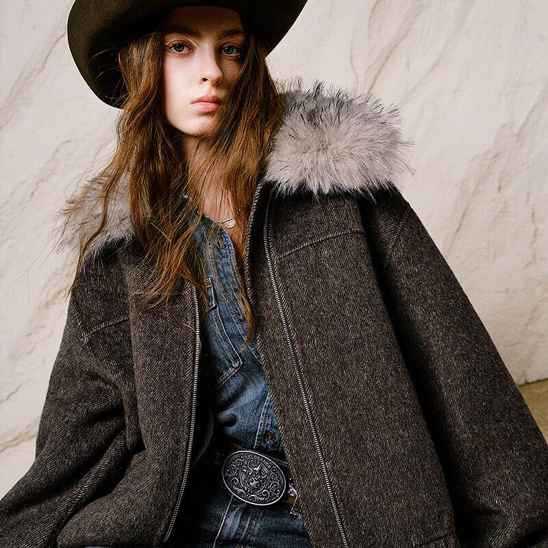 Liberté Collection Fluffy Fur-Collar Wool Blend Coat