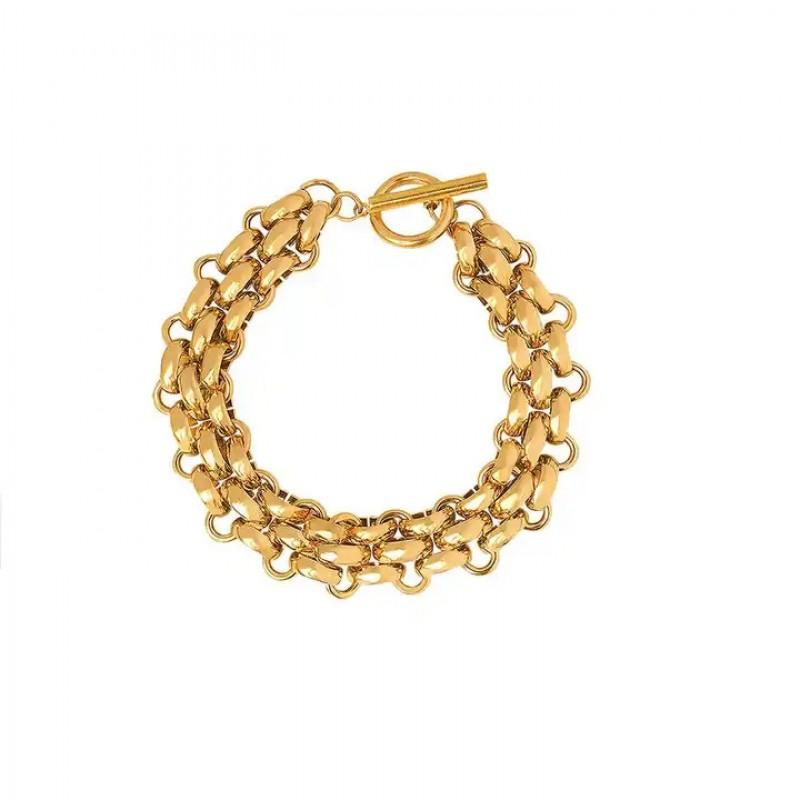 Vintage Cuban Link Chain Bracelet Set With Geometric Pendant Gold Steel Tone Titanium Jewelry Women