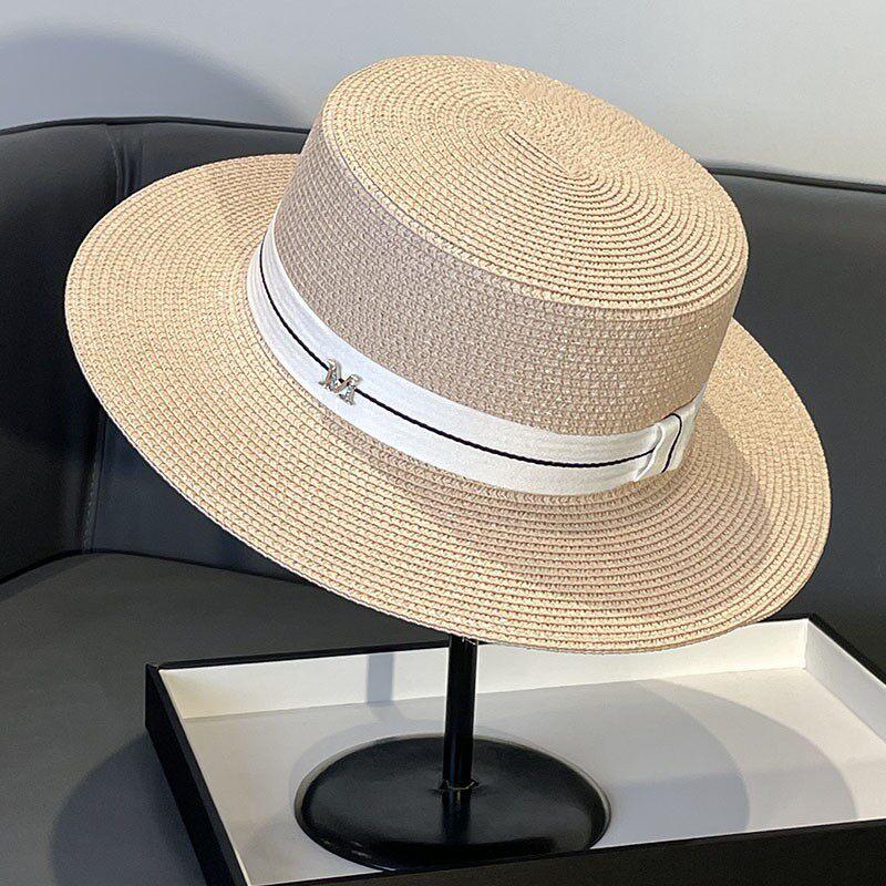 Elegante Cappello Piatto Stile Socialite Francese Intrecciato con Perle Cappello Parasole Estivo da Spiaggia per Donne