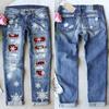 Gerade Jeans Damenhose Weihnachten Schneeflocke Bedruckte Applikation Zerrissene Denimhose