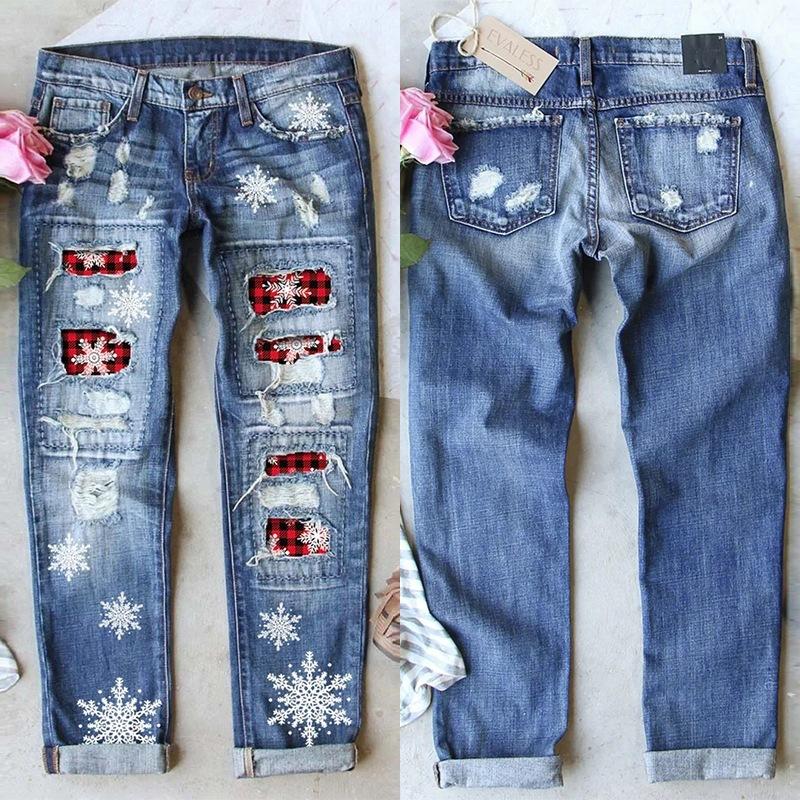 Gerade Jeans Damenhose Weihnachten Schneeflocke Bedruckte Applikation Zerrissene Denimhose