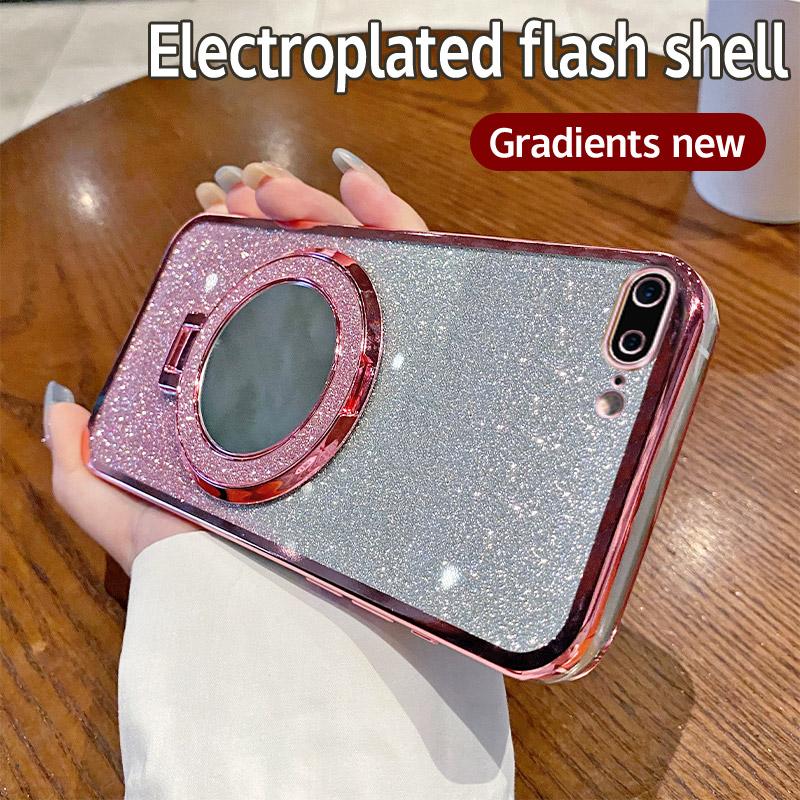 For iphone 6 7 8 Mirror Glitter Plating Holder Silicone Phone Case For iphone 7 Plus Magnetic Stand Cover For iphone 8 Plus Case