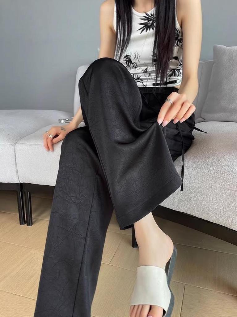 Women's High Waist Ice Silk Wide Leg Pants - Summer Sun Protection, Acetate Satin, Jacquard Design